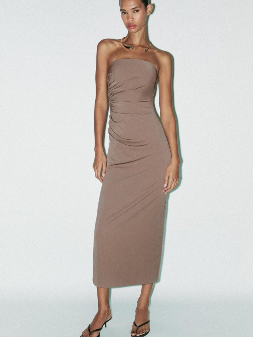 ZARA Jewel Necklace Strapless Midi Dress Dark Tan Large NWT Prom Party Minimal